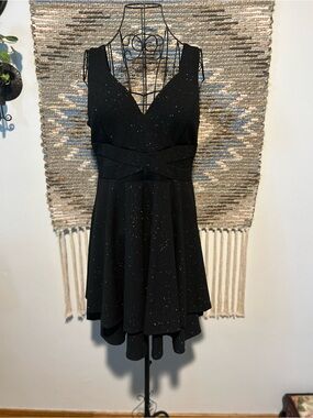 Emerald Sundae Black Sparkle V-Neck Fit & Flare Dress